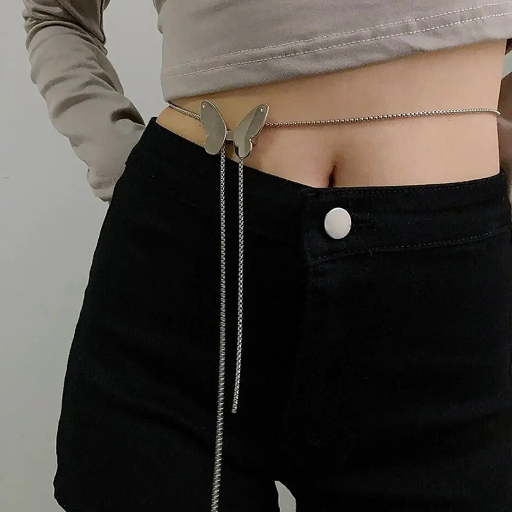 女性用の調節可能なシルバーメタルウエストチェーン,ネックレス2 in 1,細いベルト,バタフライフラワー,シンプルでファッショナブル