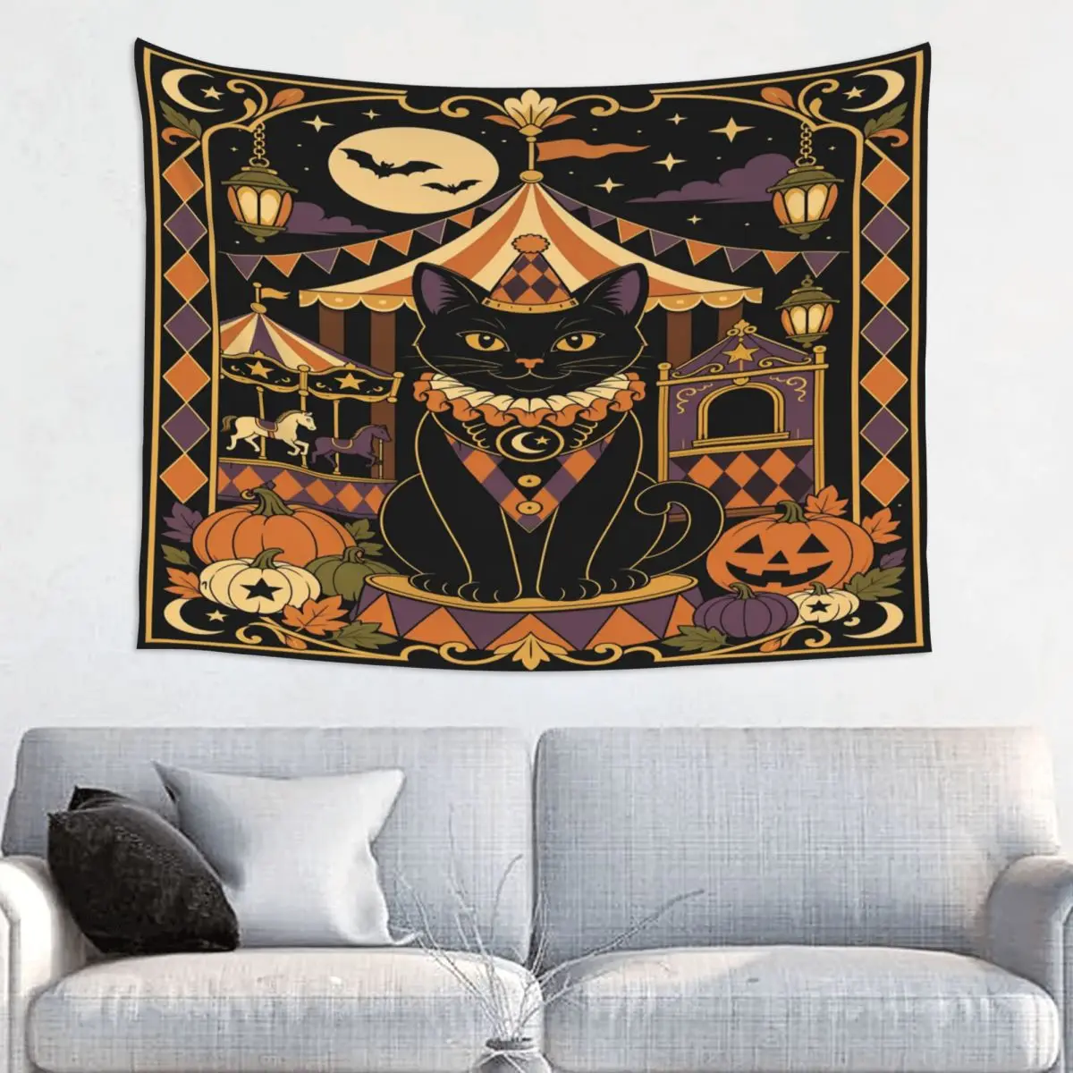 Halloween Black Cats Tapestry Hippie Polyester Wall Hanging Spooky Carnival Circus Decoration for Bedroom Curtain Art Tapestries