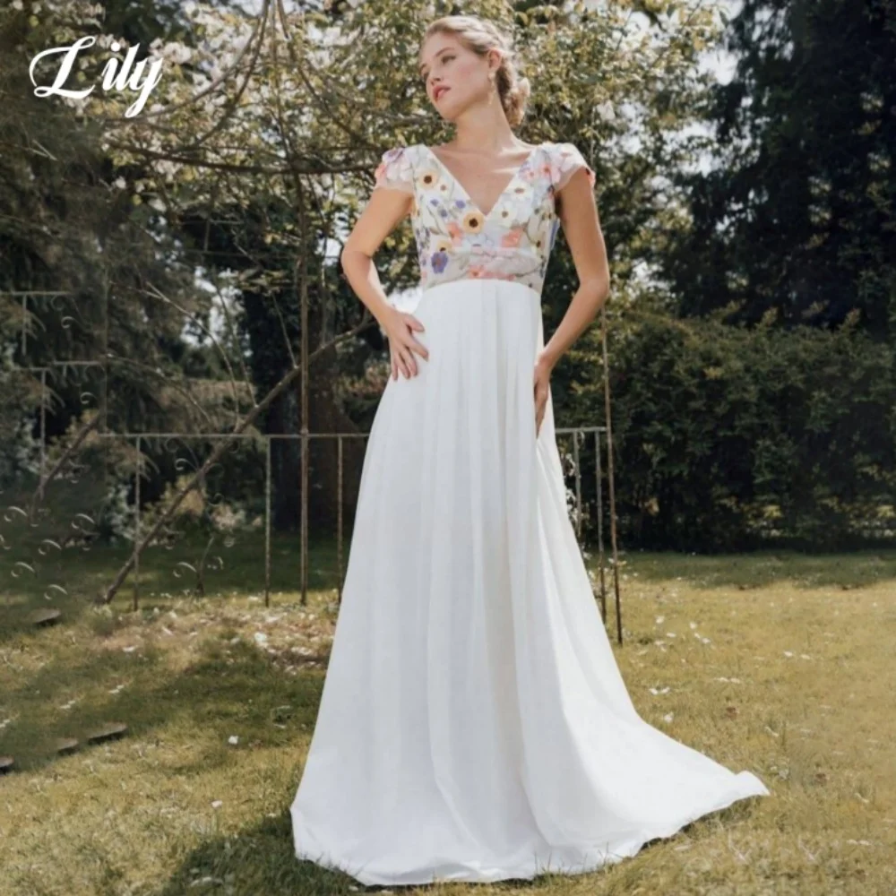 

Lily Elegant Pastoral Style Prom Dresses Deep V-Neck Backless Appliques Evening Dresses Trailing Empire Formal Gown Customized