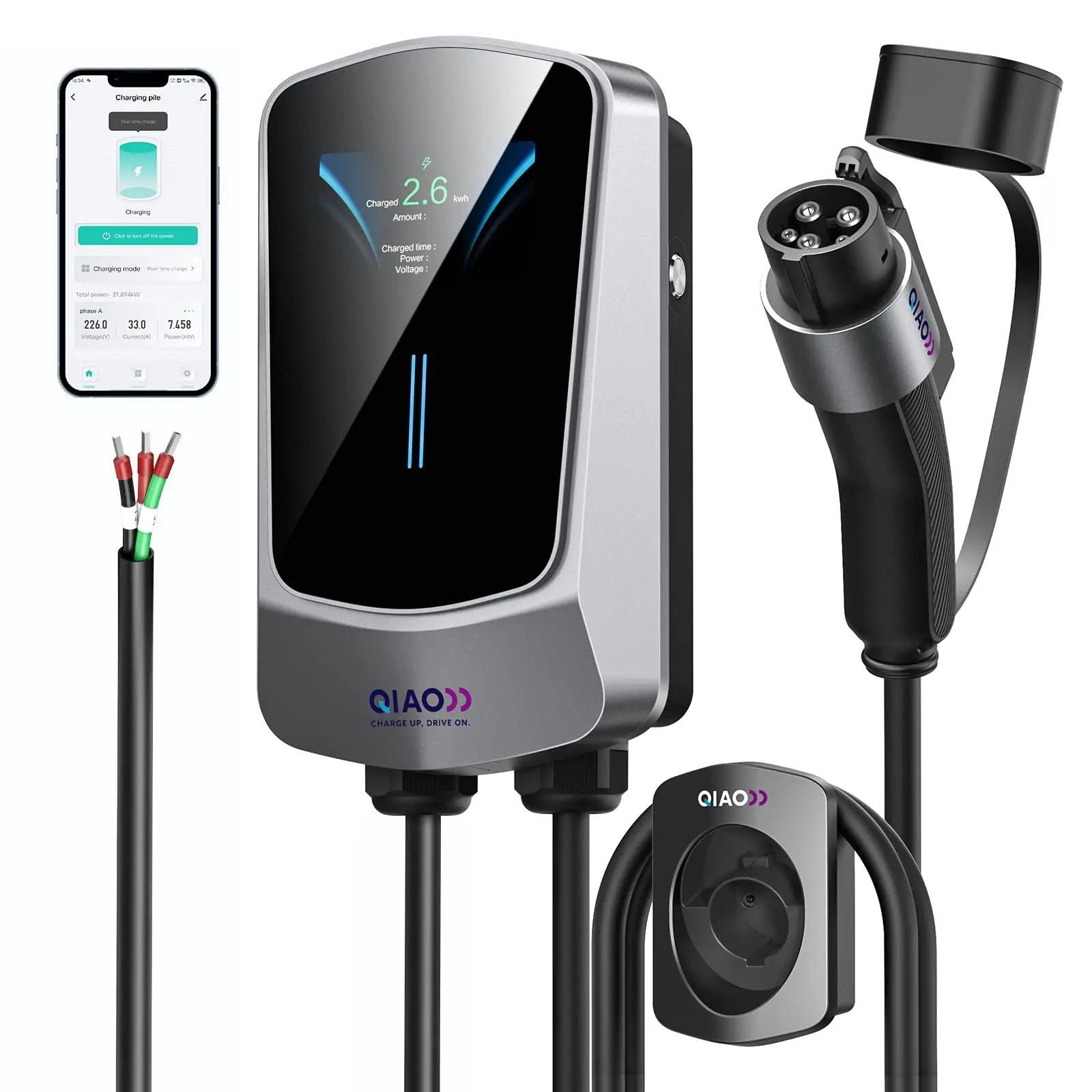 QIAO Level 2 EVSE Wall Charging Station 48A 11.5KW SAE J1772 EV Charger, 25ft Charging Cable, 2.4GHz Wi-Fi Smart APP with Remote Monitoring, 4.3-inch Real-Time Data Display, Auto Current Adjustment, Timed Charging, IP65 Rated Indoor & Outdoor Use
