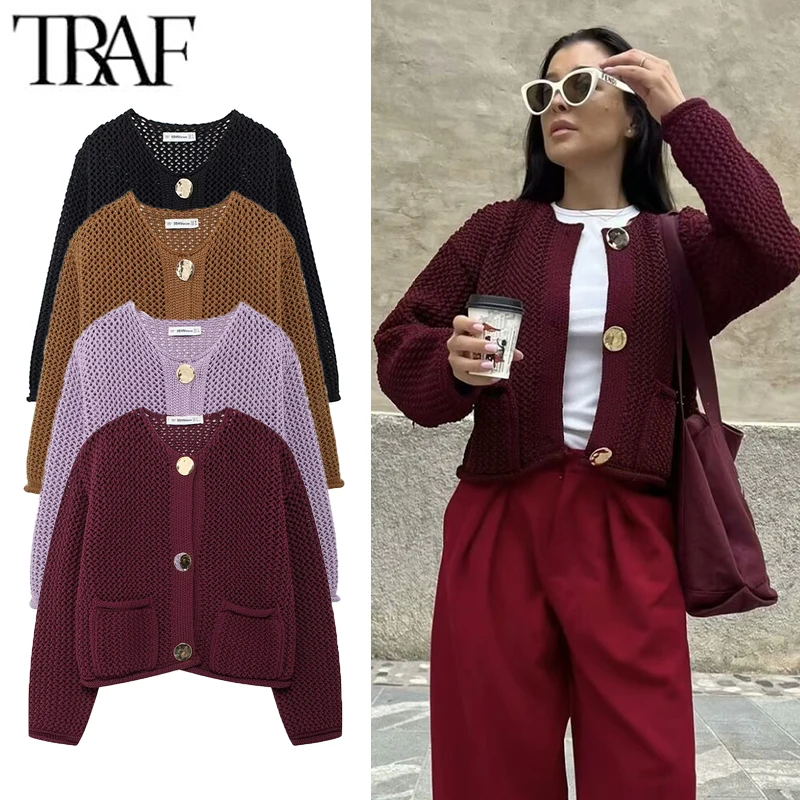 TRAF Autumn Winter Women Fashion Knitted Sweater With Pockets Vintage O-Neck Long Sleeves Female Chic Lady Multicolored Outfit