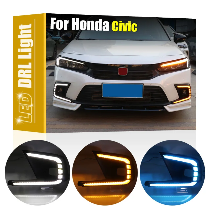 2Pcs Front Fog Lamp Cover With White DRL Light Amber Turn Signal Blue Night Driving Light For Honda Civic 11th 2021 2022