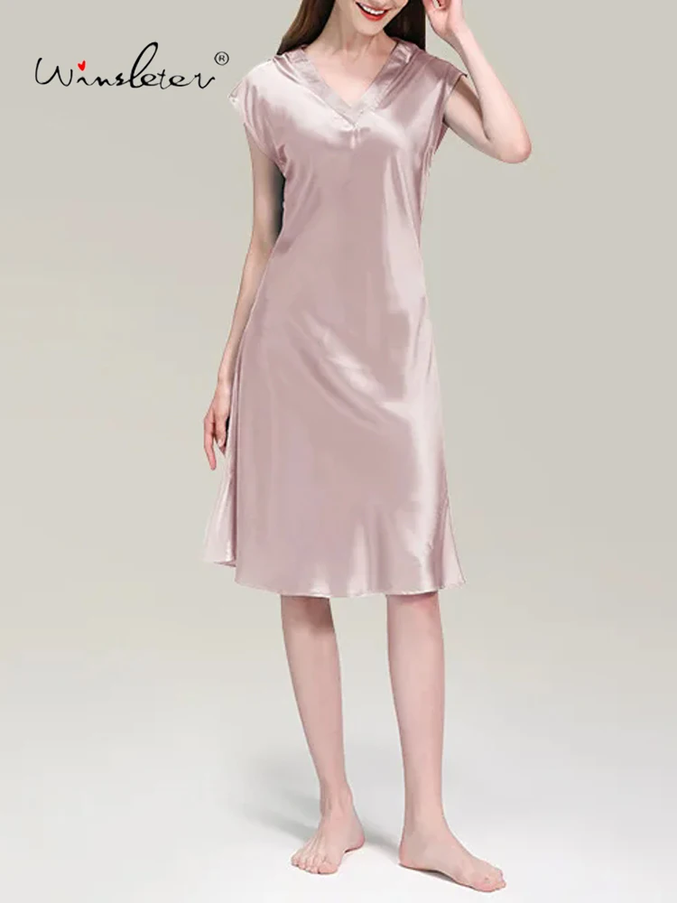 

Winsleter,Women V Neck Solid,Casual Elegant Sleep Homewear,19MM 100%Real Silk Sexy Pajama Dress,2024 Spring Summer P41054QC