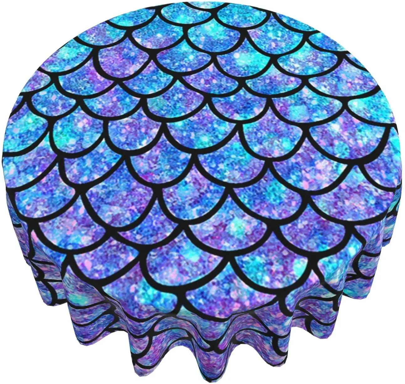 Ombre Mermaid Teal Purple Fish Scale Round Tablecloth 60 Inch Washable Polyester Water Resistant Spill Proof Table Cover