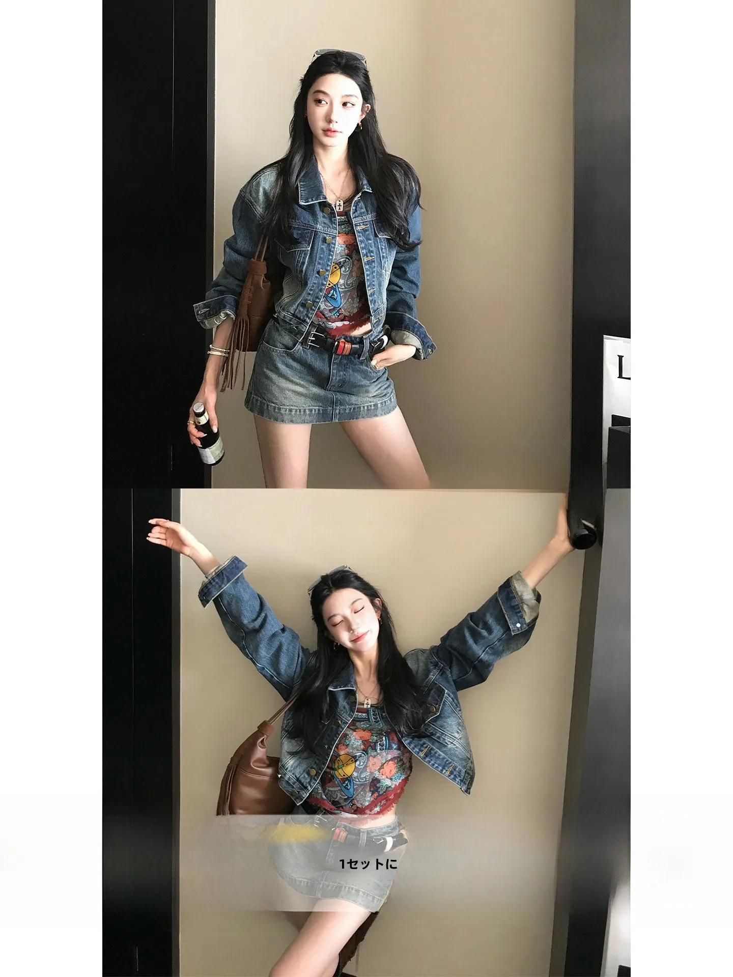 

Комплект: джинсовая куртка с эффектом потертости и прямые брюки из хлопка в стиле Spicy Girl. Весенняя модная женская верхняя одежда премиум-качества.