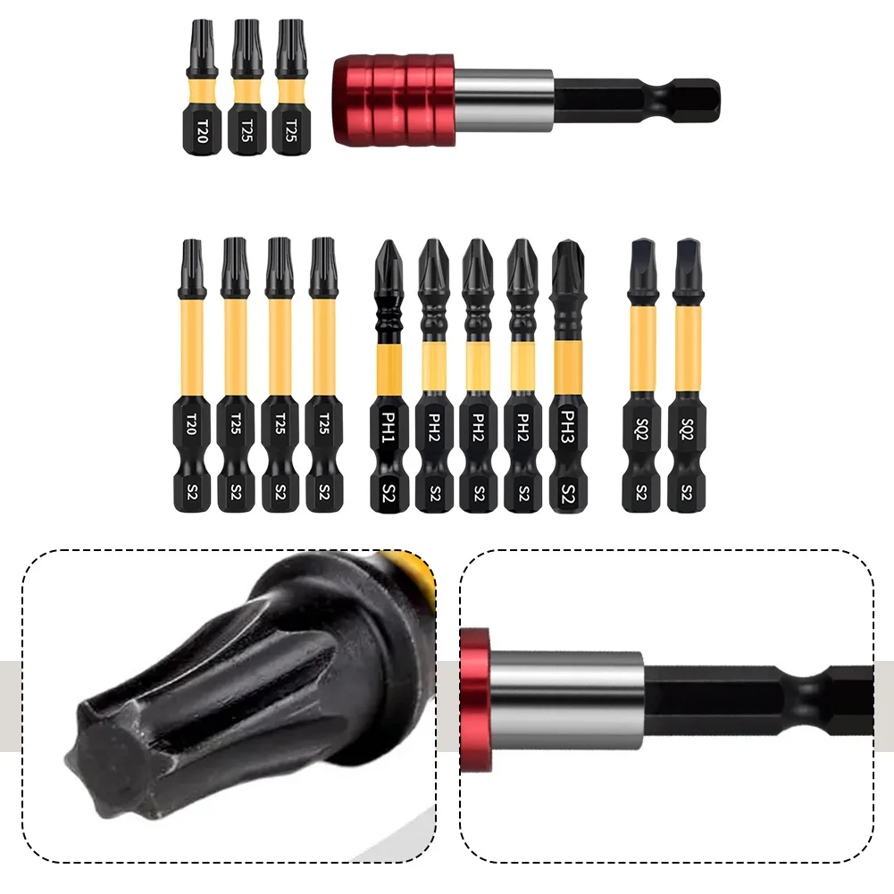 15pcs Screwdriver Bit Set With Bit Holdr 1/4inch Handle T20 T25 PH1 PH2 PH3 SQ2 Screwdriver Bit Magnetic Screw Driver Hand Tools