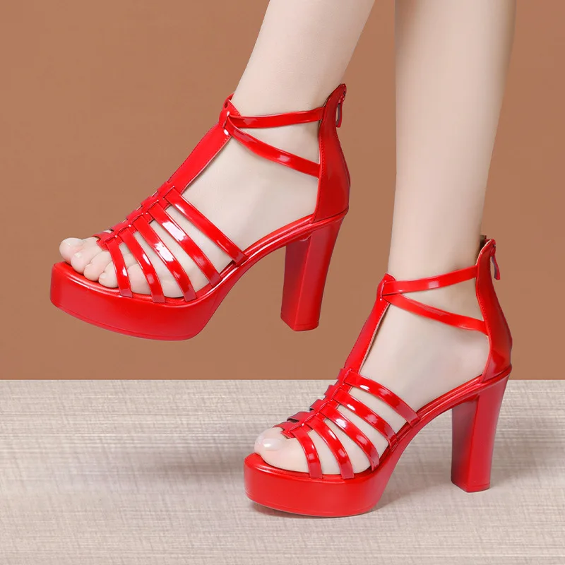 Small Size 32-43 Summer Block High Heels Gladiator Sandals Women Wedding Shoes Leather 2024 Platform Sandals Office Party Model