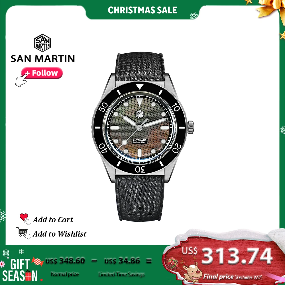 

San Martin 39mm Diver Watch Miyota 90S5 Automatic With Guilloche MOP Dial Sapphire Bezel 200m Water Resistance Luminous SN0151