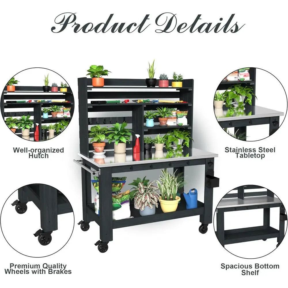 Potting Bench Table Large Outdoor Kitchen Island Prep Station with StainlSteel Top Waterproo Cover, Hardwood, 66.9
