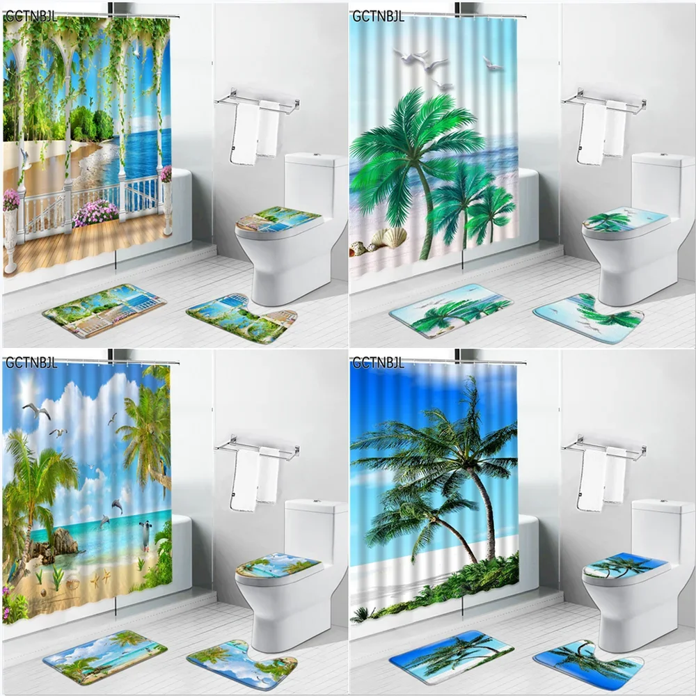 

Занавески для душа с морским пейзажем, ковер, Летний Пляжный, ландшафтный, для ванной комнаты, домашний декор, нескользящий коврик для ванной, набор ковриков для туалета