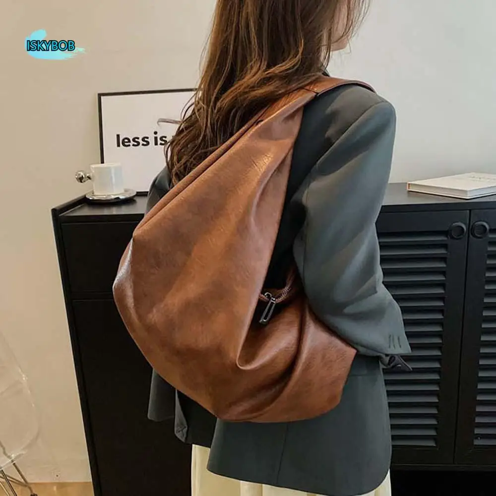 

Storage Pouch Casual PU Dumpling Bag Japanese Style Soft Large Capacity Underarm Bag Retro Anti-splash Water Tote Bag School