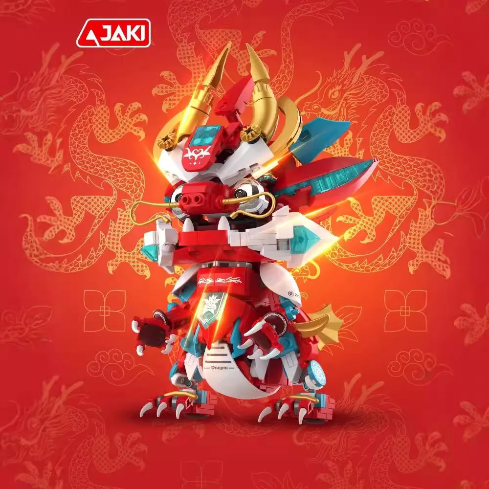 JK5138 Guochao series Dragon Year Zodiac Red Flame Mecha Dragon puzzle model kit assembling children's building blocks toys