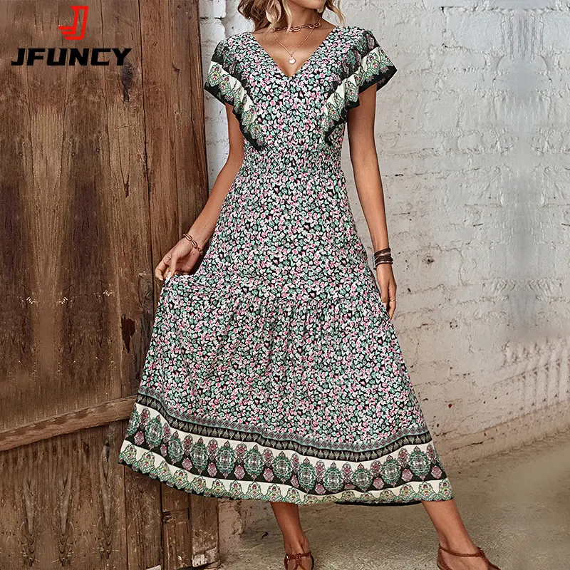 

JFUNCY Woman Floral Dress 2023 Summer Women's Dresses V Neck Long Sundress Fashion Ruffles Beach Dresses Female Clothing