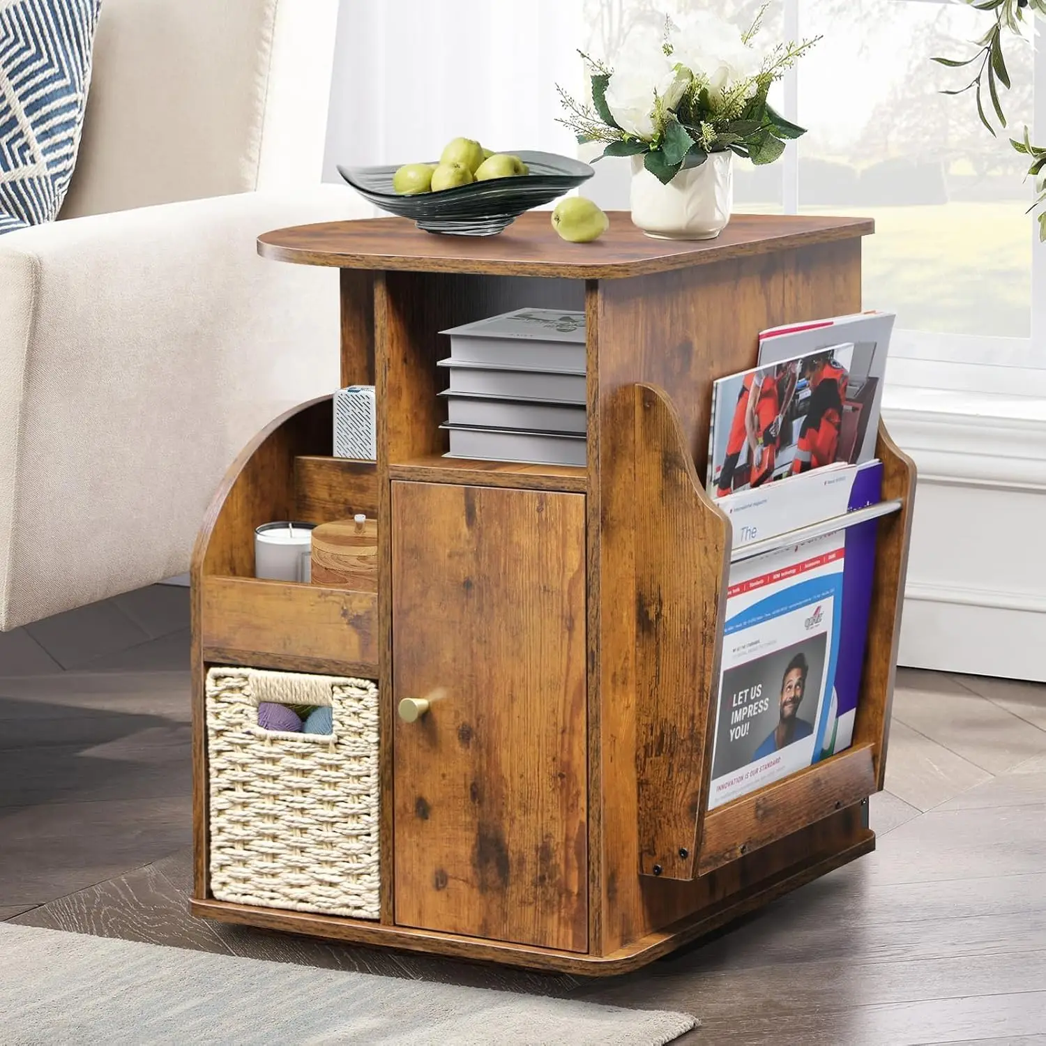 

Rotating End Table with Storage, Rotating Side Table Living Room, Side Table with Magazine Holder, Basket and Cabinet, S