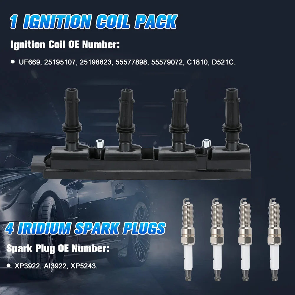 Replacement Ignition Coil With 4 Iridium Spark Plugs For Chevy Cruze 1.4L L4 11-15 Automotive Accessories 55577898