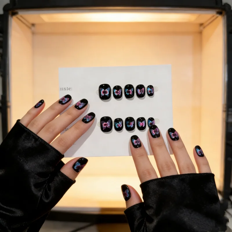 

10Pcs Handmade Nails Luxurious Black Electro-Glow Butterfly Cat-Eye Short Press-On Nails Perfect Gift for Women and Friends