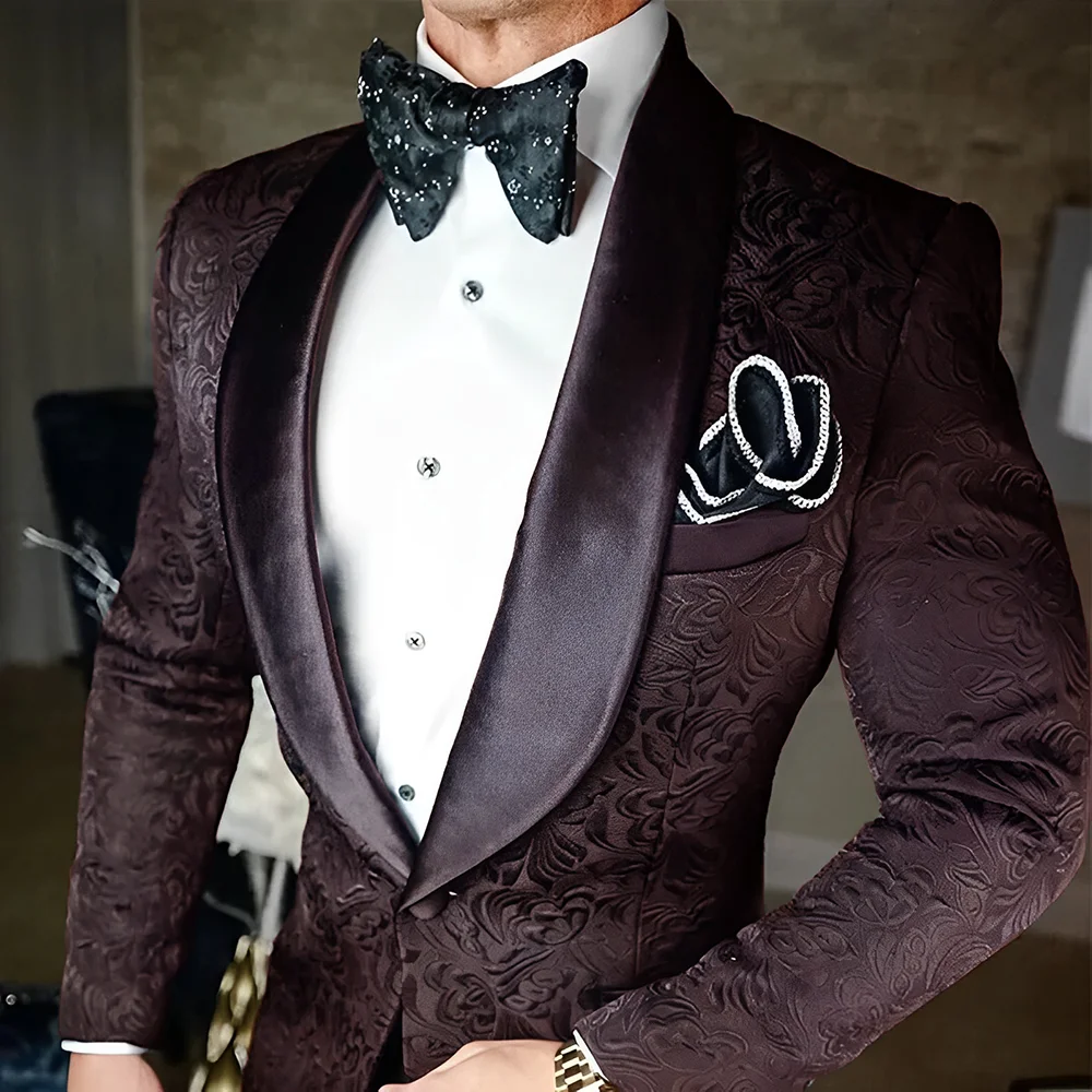 Black Jacquard Men\'s Suit 2 Piece Set High Quality Formal Wedding Groom Tuxedo Slim Fit Design XS-5XL Party Dress