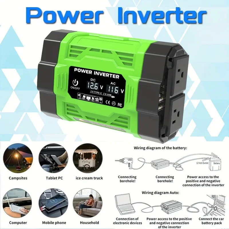 

Автомобильный инвертор 2000 Вт, DC 12В в AC 110В/220В, с двумя USB-портами, LCD-дисплеем, портативный, для кемпинга, автофургонов и автомобилей.