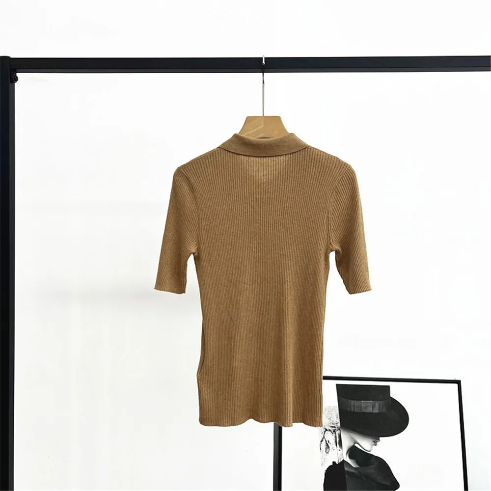 Damen-Sommerpullover mit POLO-Kragen, Taschendekoration, schmale Passform, elastischer Baumwoll-Seidenstrick, kurze Ärmel