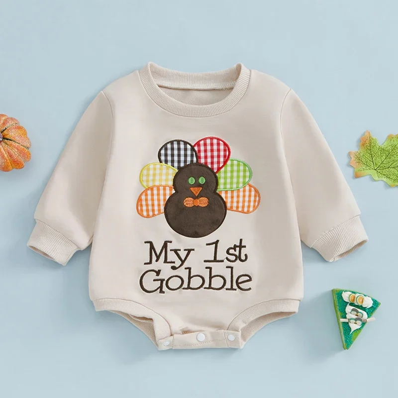 2024-07-27 Lioraitiin Baby Boys Girls Thanksgiving Sweatshirt Romper Turkey Letter Embroidery Long Sleeve O-Neck Bubble Jumpsuit