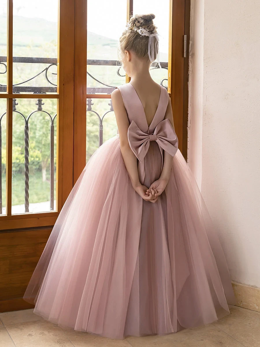 Tulle Ball Gown/Princess Flower Girl Dresses With Pearls & Satin Bowknot vestidos de 15 quinceañera 2024 vestido niña