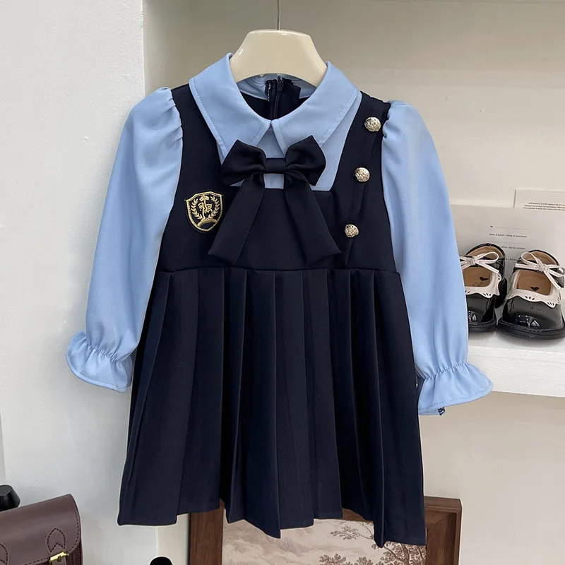 2024Spring New College Style Girls Dress StitchingjkUniform Baby Girl Fake Two-Piece Skirts Tide