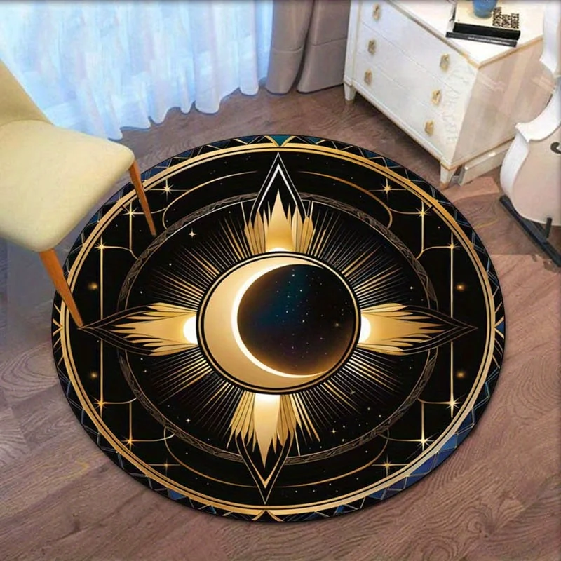

Солнце, луна, затмение, небесный дизайн, круглый ковер, кристалл, бархат, напольный коврик, золотой, черный, космическое искусство, домашний декор, противоскользящий ковер, спальня