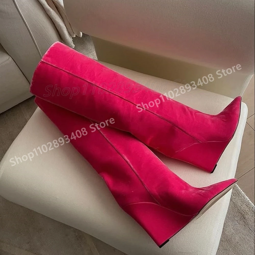 2025Hot Meisjes Effen Wiggen Hoge Hak Mid Kuit Laarzen Puntschoen Suède Mode Elegante Vrouwen Schoenen Lente Zapatos Para Mujere