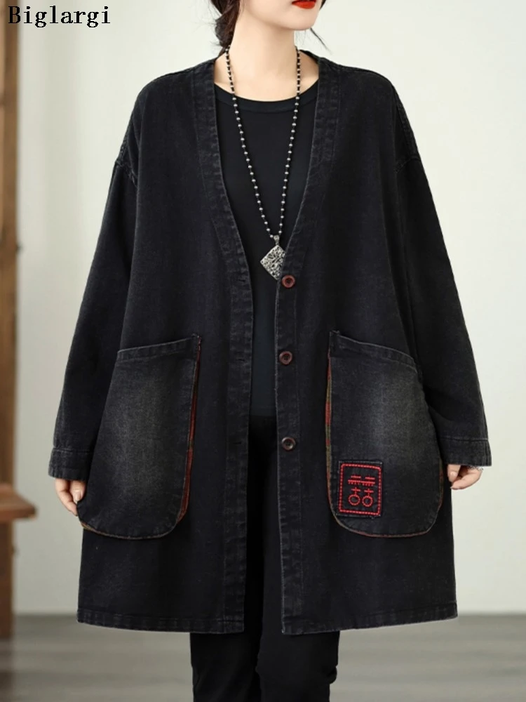 

Oversized Denim Autumn Vintage Coat Women Print Embroidery Fashion Long Sleeve Ladies Jackets Loose Woman Coats