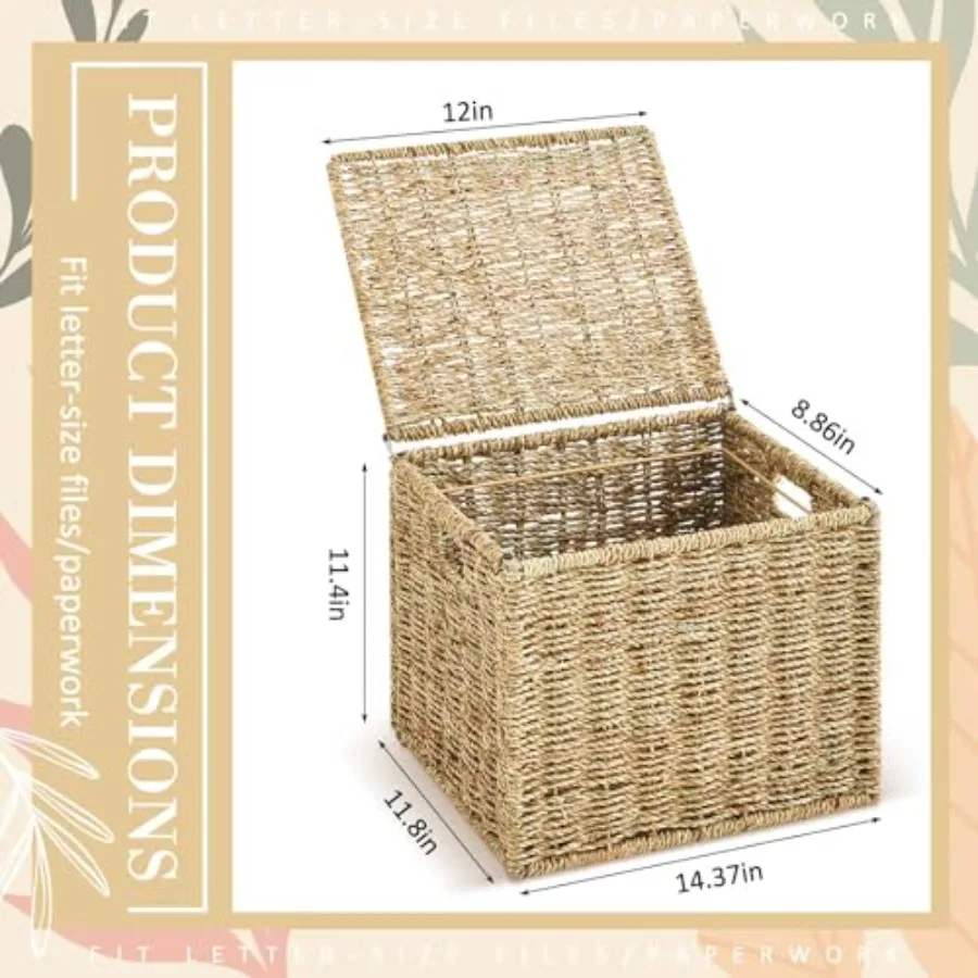Seagrass File Storage Box Organizers Decorative File Baskets for Hanging Folders Portable Collapsible Letter Size Document Fili