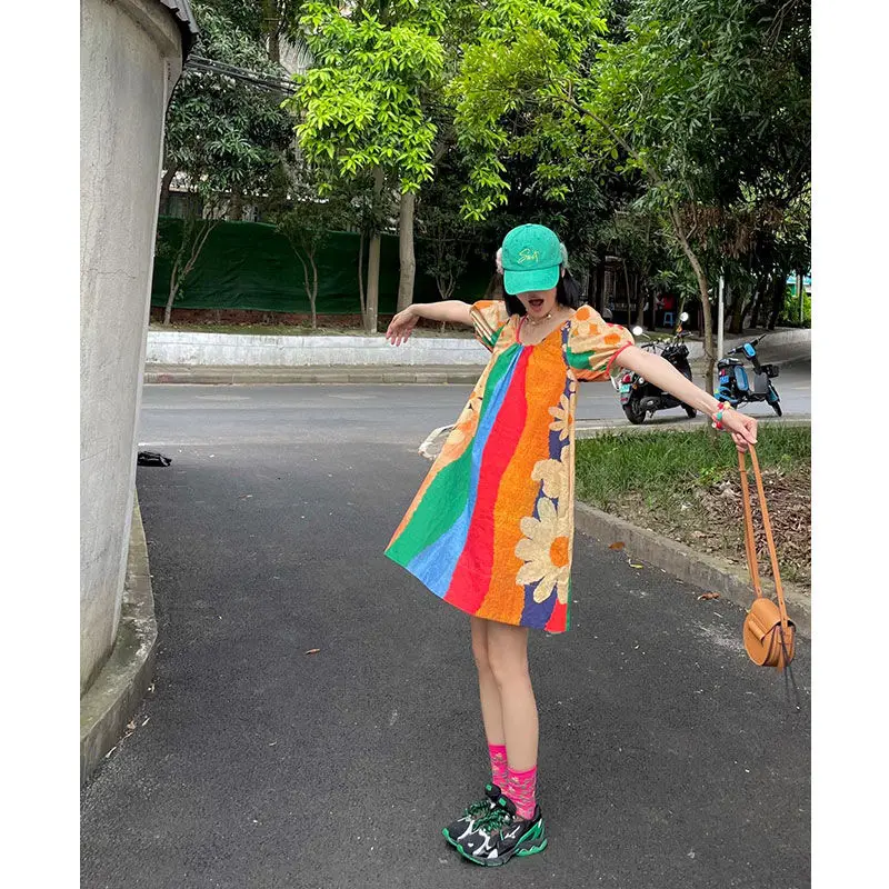

Dopamine Cottagecore Dress 2025 Summer Rainbow Print Puff Sleeve Mini Dress Whimsical Garden Aesthetic Petite Fit