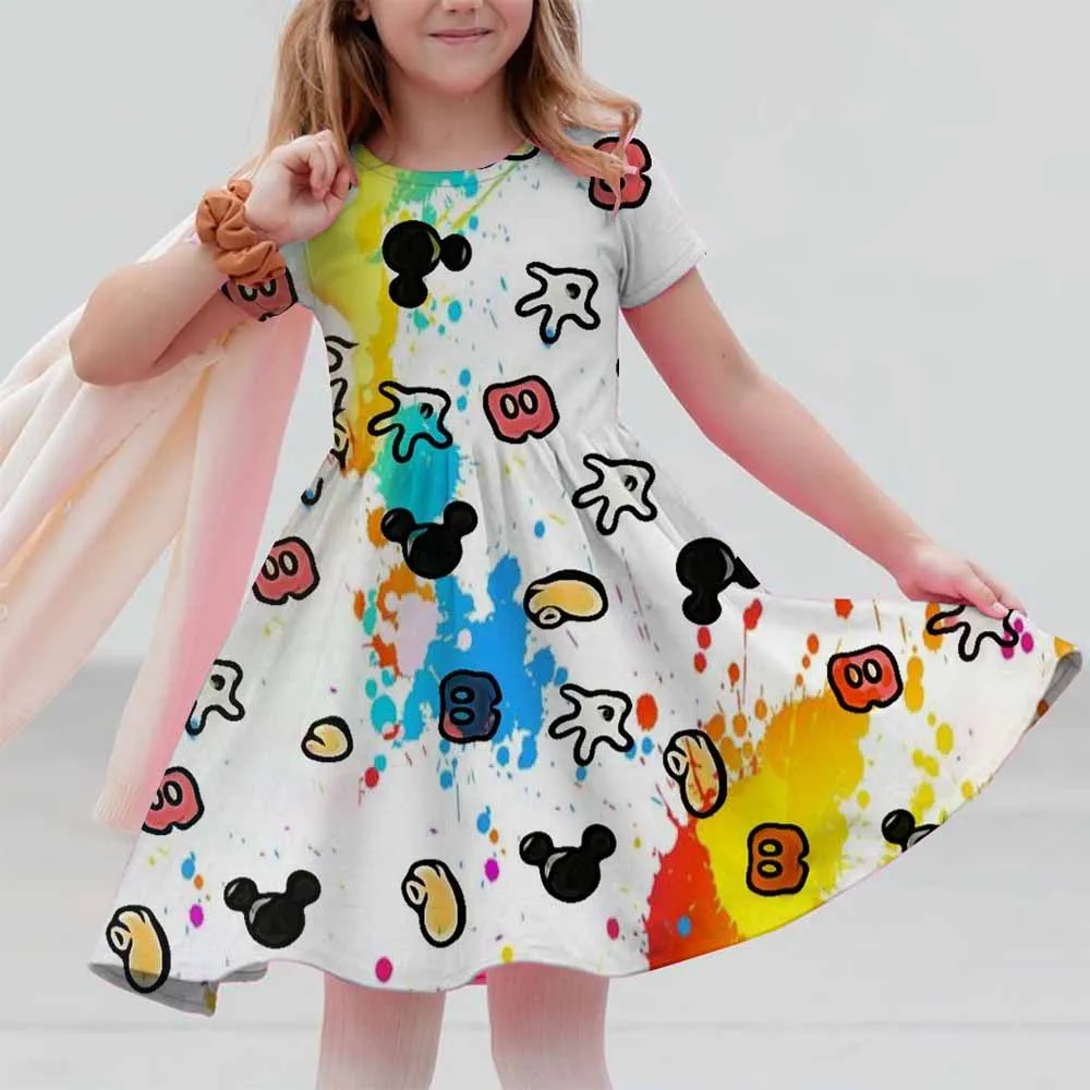 

Disney Girl Dress Summer 2026 Mickey Mouse Minine Short Sleeve Dress Princess 3D Printed Cute Children's Clothing Party Dress