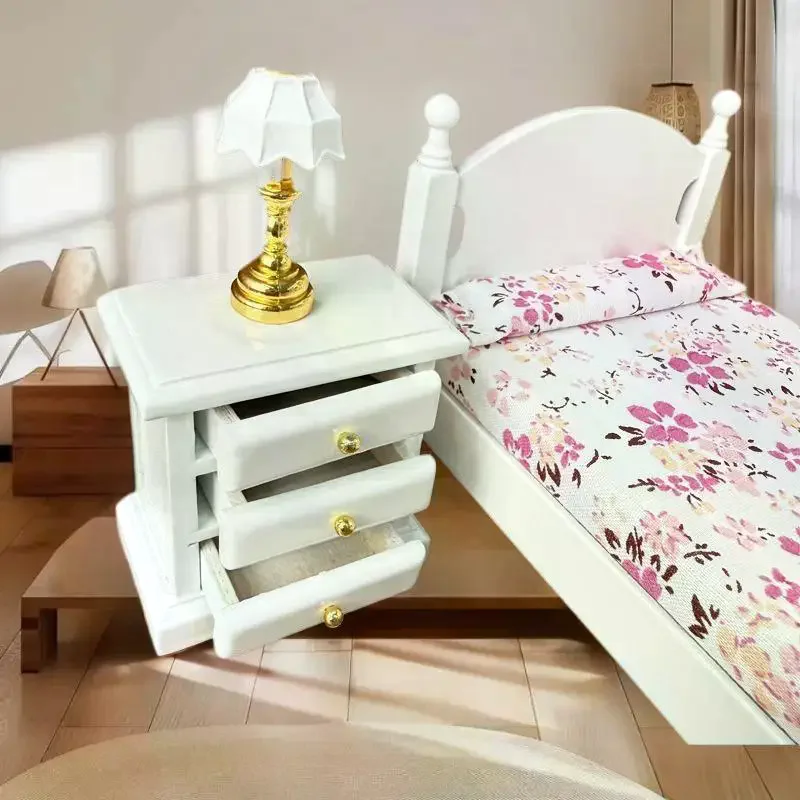 

Bedroom Scene Ornaments for 1:12 Miniature Dollhouse; Wooden Single Bed & Nightstand DIY Toys