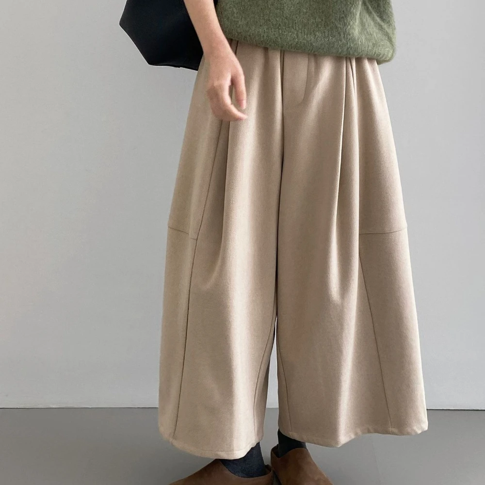 TWOTWINSTYLE 솔리드 스플라이스드 폴드 한국 스타일 바지 여성용 하이웨이스트 루즈 미니멀리스트 캐주얼 와이드 레그 팬츠 가을 패션