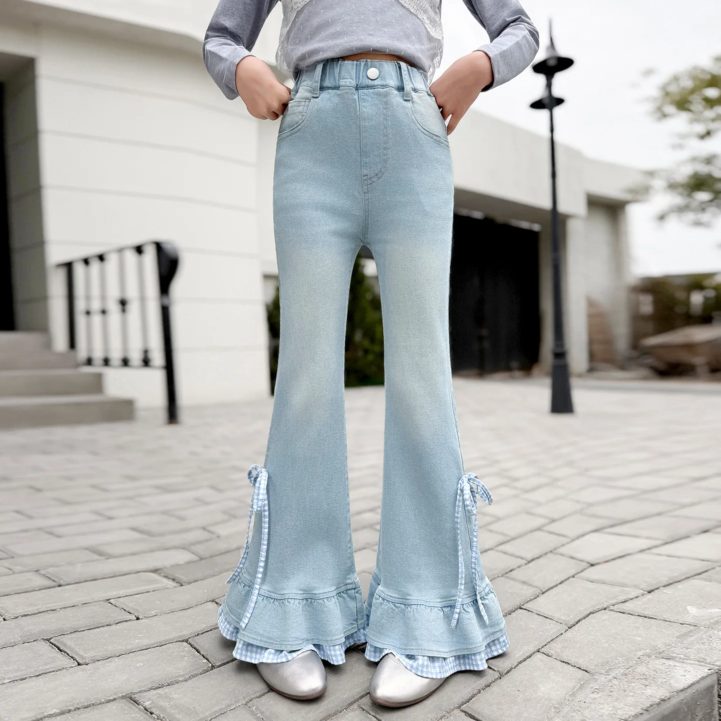 4-14Yrs Girl Jeans UNITIM Autumn Children Girl Flared Pant Kid Light-colored Bow Plaid Spliced Flare Pant Junior Girl Denim Pant
