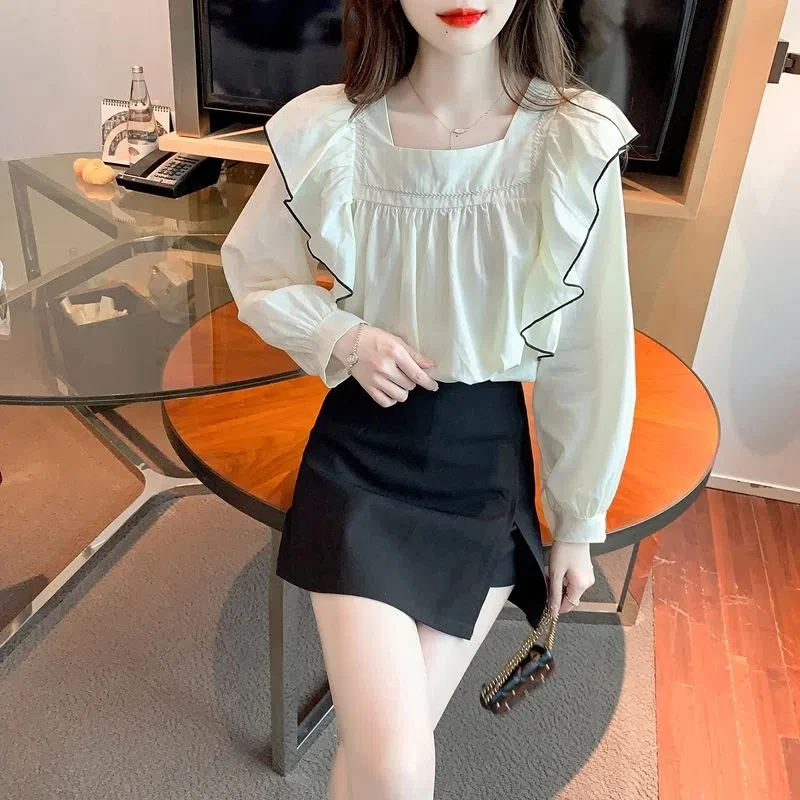 Long Sleeve Shirts Women Ruffles Autumn Sweet All-match Square Collar Loose Solid Pleated Streetwear Skin-friendly Comfortable