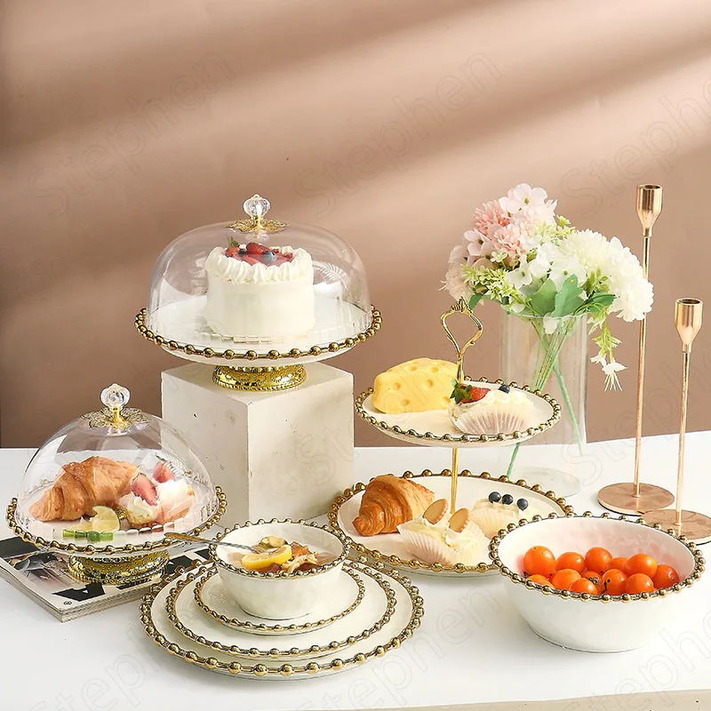 Afternoon Tea Cake Stand Ceramic Dessert Plate with Acrylic Cover Classical Golden Beads Plates and Bowl Nordic Modern Tableware