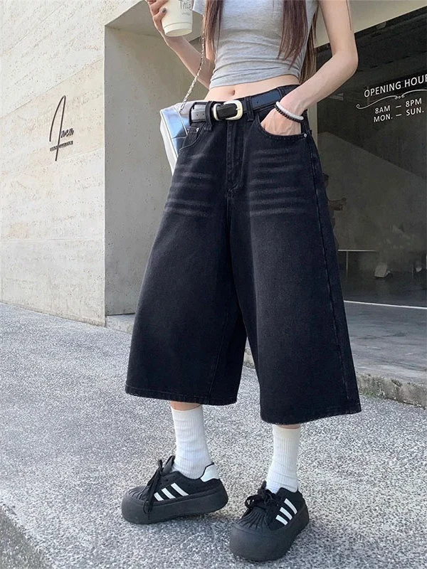 

American Sle High Waist Loose Wide Leg Seven-Foot Jeans Women's Bla Casual Wear Resistant Summer New Arrival