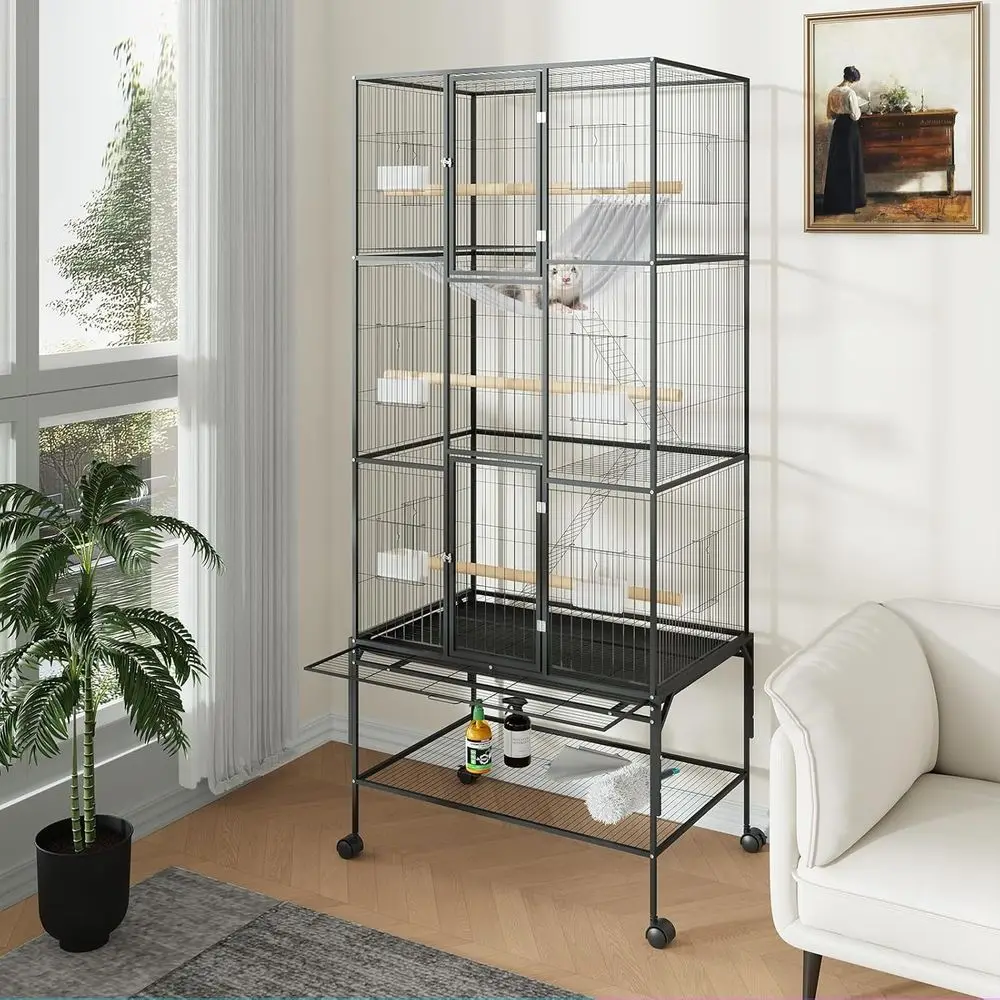 

69-Inch Metal Bird Cage with Rolling Stand - Slide-Out Tray, Storage Shelf & Accessories, 360° Swivel Casters, Multi-Level Desig