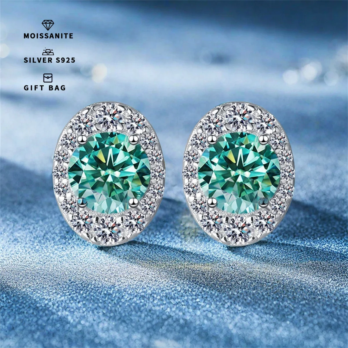 A pair of S925 sterling silver cyan stud earrings, oval bracket wrapped round GRA moissanite simple elegant earrings