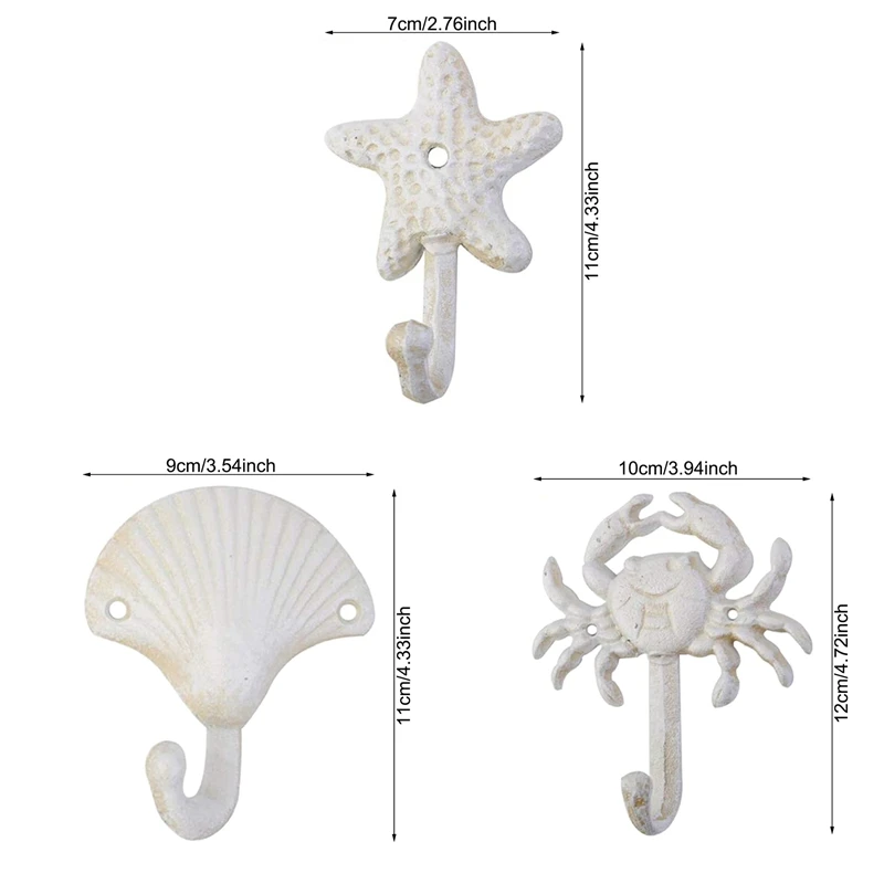 

Set Of 3 Starfish Seashell Crab Cast Iron Decorative Wall Hooks Coats Aprons Towels Hooks Beach Ocean Theme Metal Hooks