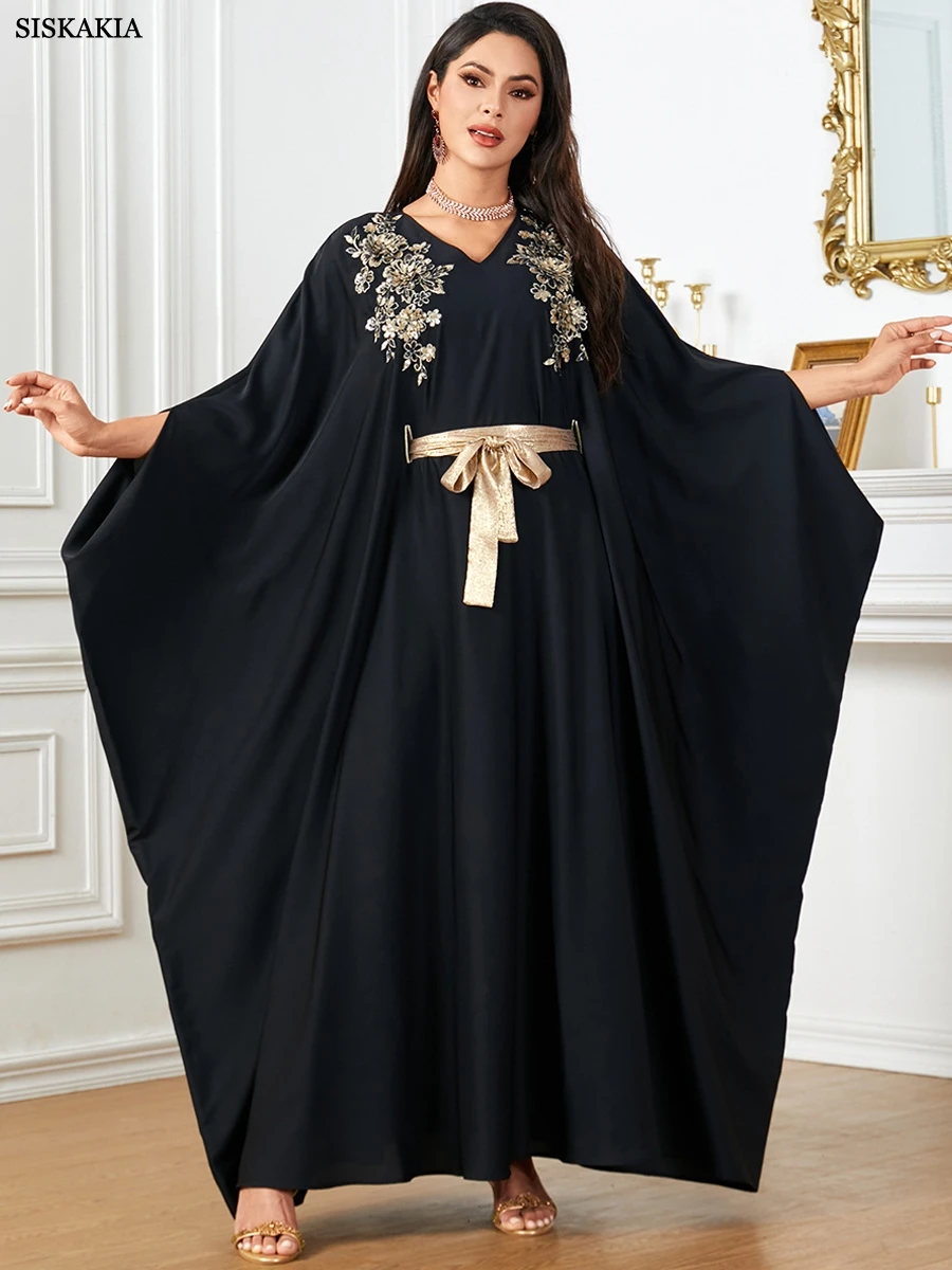 Siskakia Fashion Floral Embroidery Gold Stamping Muslim Woman Abaya Kimono V-Neck Batwing Sleeve Loose Casual Moroccan Robe Jala