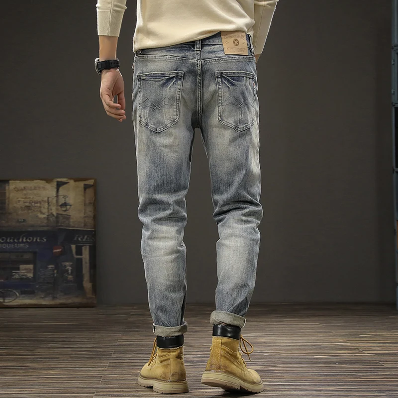 Italian Style Fashion Men Jeans Retro Gray Blue Elastic Slim Fit Ripped Jeans Men Trousers Vintage Designer Denim Pants Hombre