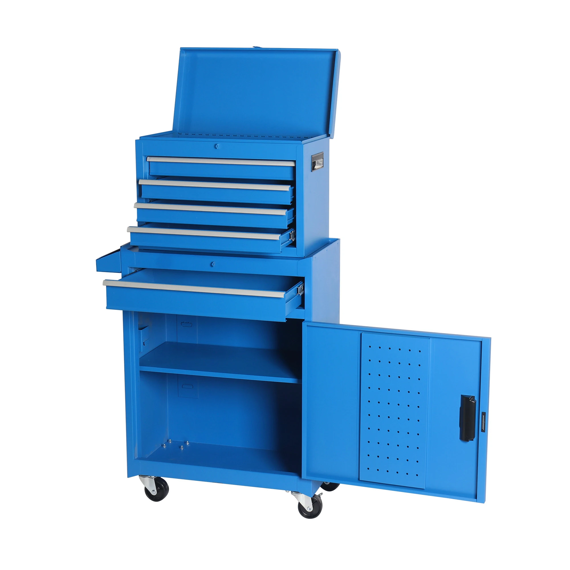 Workshop Tools Box - กล่องเครื่องมือ, ตู้เก็บเครื่องมือแบบมีล้อ 5 ลิ้นชักพร้อมกล่องเครื่องมือด้านบนแบบถอดได้, แผ่นรอง, ล้อล็อคได้อเนกประสงค์,