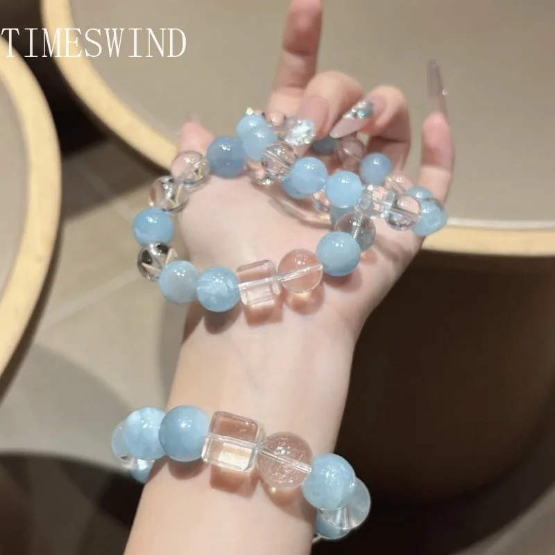 

TIMESWIND Original Crystal Aquamarine Blue White Block Round Beaded Women Bracelet Fashion Jewelry with Certificate