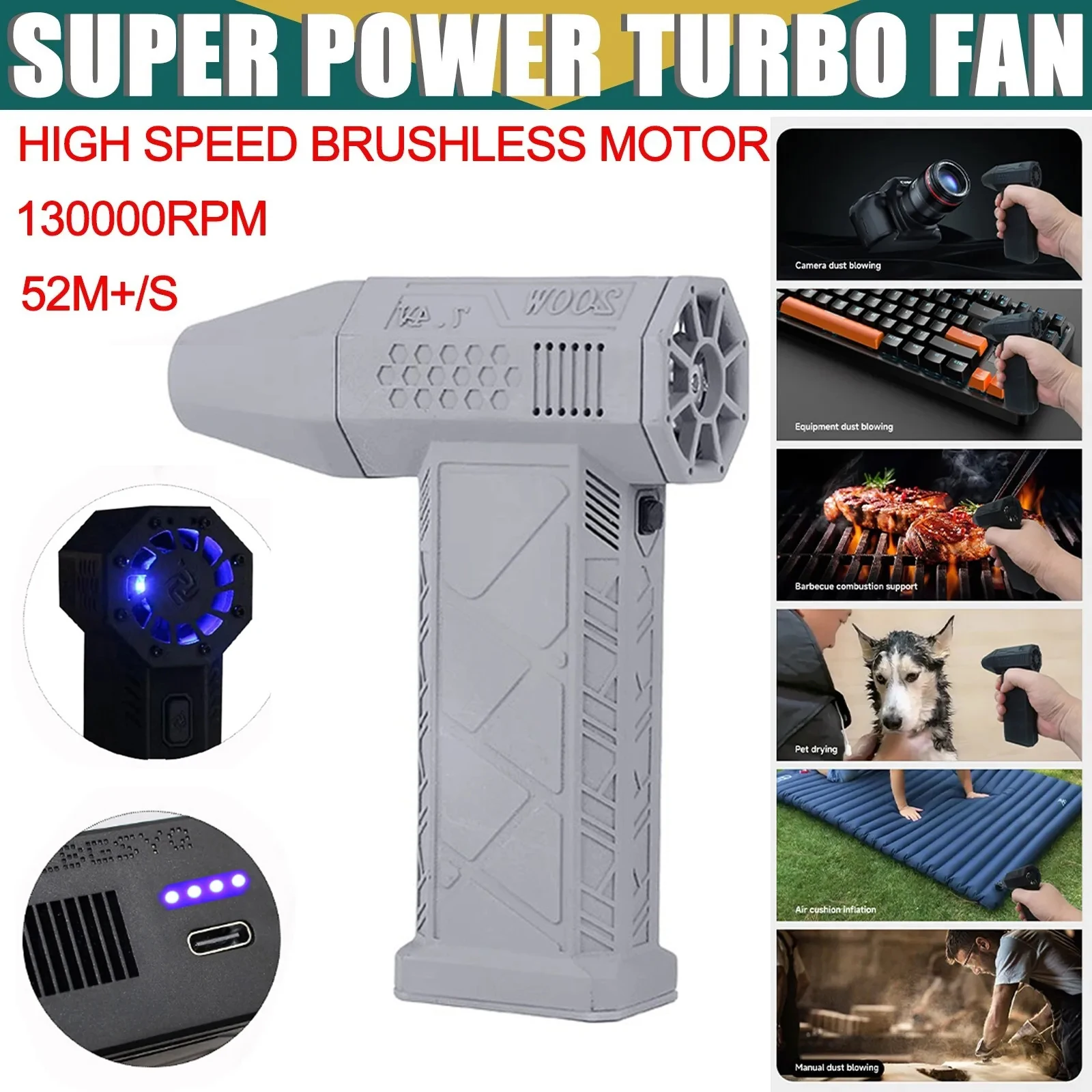 Mini Turbo Jet Fan 130000RPM Wind Speed 52m/s Brushless Motor Handheld Duct Fan High-Performance Cyclone Turbo Electric Blower