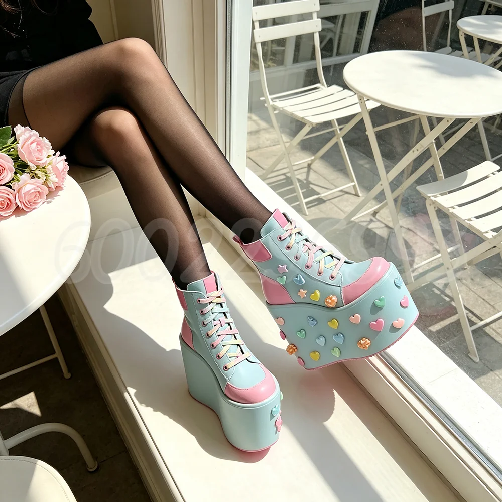 Round Toe Pastel Blue Pink Platform Wedge Ankle Boots Women 3D Colorful Heart Star Decor Lace Up Kawaii Goth High Heel Boots
