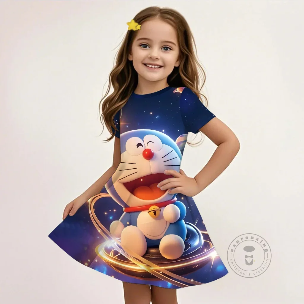 

New Adorable 3D Doraemon Print Girls Dress Short Sleeve Round Neck Fall Kawaii Loose Fit Outfit Kids 3-14 Yrs Cartoon