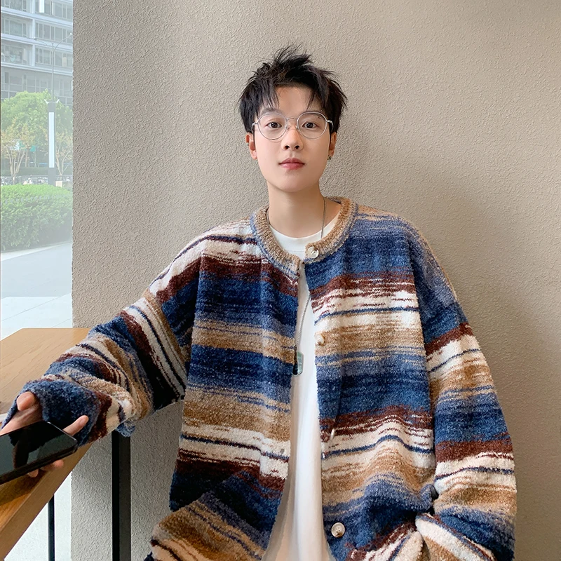 American trend brand color contrast striped loose sweater trend brand retro casual lazy sweater sweater jacket