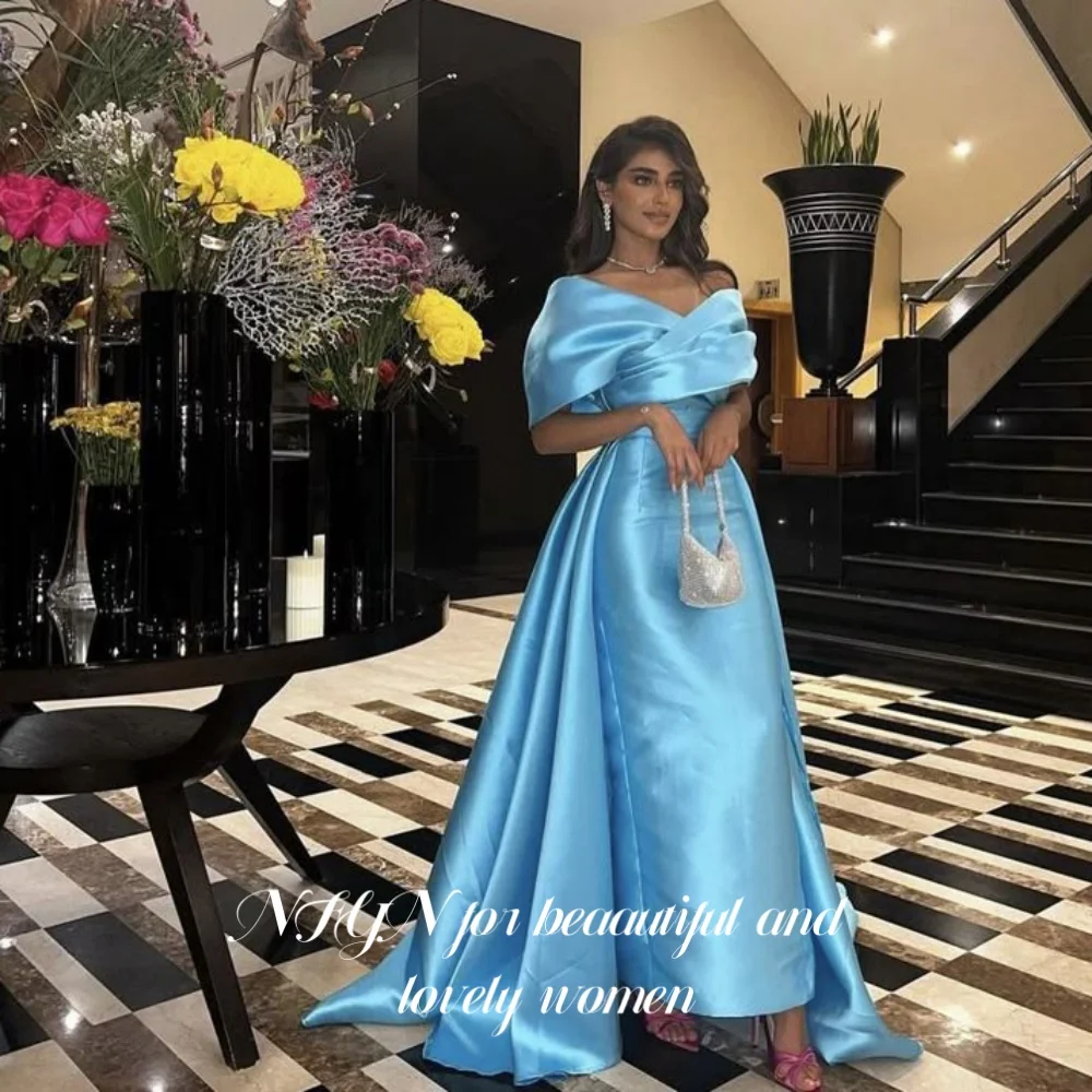 

NFYN Blue Elegant Prom Dresses V-Neck Off the Shoulder Prom Gown Satin Trailing Mermaid Evening Dresses for Woman Customized